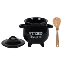 Load image into Gallery viewer, Witches' broth cauldron shaped soup bowl with lid and spoon
