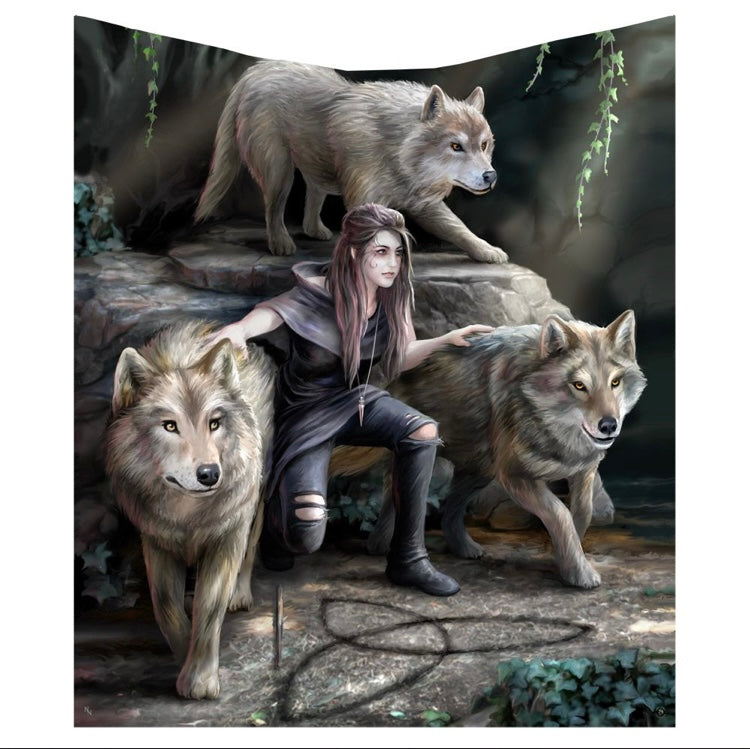 Throw - The power of three wolf- Anne stokes - Velvet +fleece 160cm