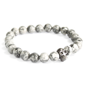 Skull agate bracelet - round bead grey