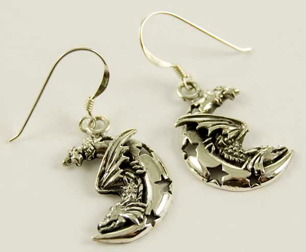 Dragon on moon earrings, Sterling silver, Lisa Parker