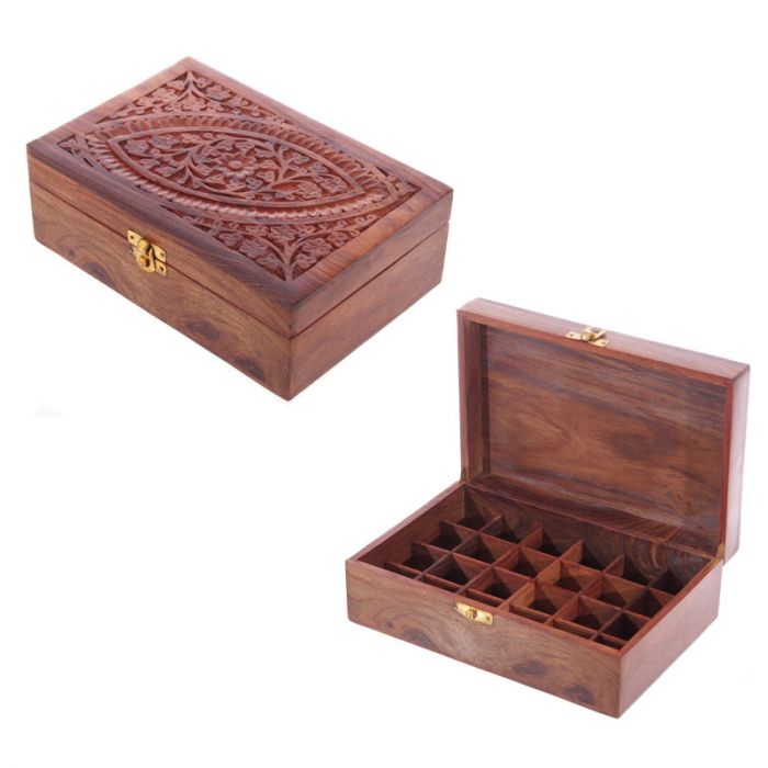 Wooden box, carved - Holds 24, 10ml essential oil bottles