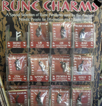 Load image into Gallery viewer, Rune charm pendants on black cord

