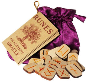 Rune set - wooden with purple silk pouch