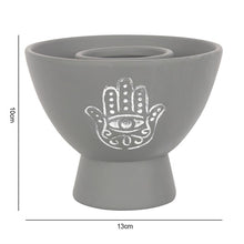 Load image into Gallery viewer, Smudge bowl - grey terracotta hamsa hand design
