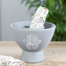 Load image into Gallery viewer, Smudge bowl - grey terracotta hamsa hand design
