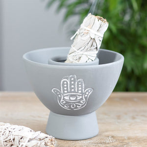 Smudge bowl - grey terracotta hamsa hand design